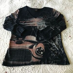 Katina Marie Graphic Tee XL Route 66 Embellished Bling top Vintage car butterfly